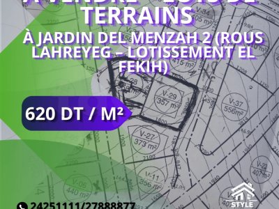 À vendre – 3 lots de terrains à Jardin Del Menzah 2 (Rous Lahreyeg – Lotissement El Fekih