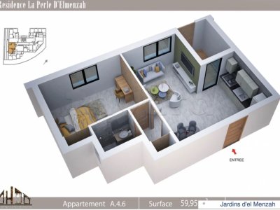 A louer s+1 haut standing avec une terrasse de 11m² et une place de parking  à Résidence LA PERLE D'EL MENZAH  Jardin d’El Menzah 2