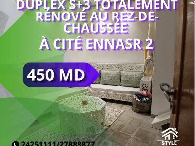 À vendre – Appartement duplex S+3 totalement rénové au rez-de-chaussée à Cité Ennasr 2