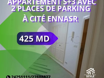 À vendre – Grand appartement S+3 avec 2 places de parking à Cité Ennasr