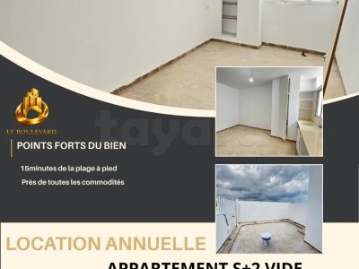 A Louer appartement S+2 vide au 3ᵉ étage, situé au centre-ville de Nabeul