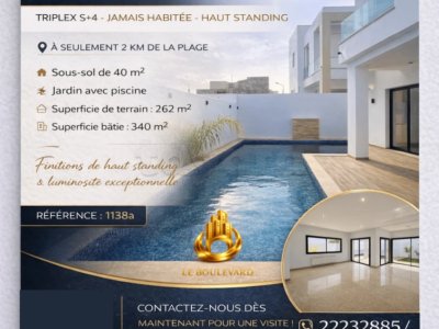 A Vendre Villa Triplex S+4 Jamais Habité Avec Piscine à Hammamet Nord